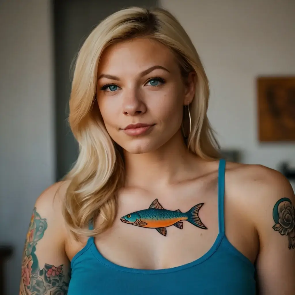 Tattoo of a vibrant fish on chest; teal body with orange gradient belly and dark outlines, reflecting dynamic aquatic life.