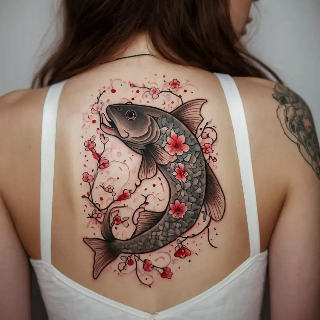 Koi tattoo on back with cherry blossoms, featuring intricate scales and delicate pink flowers, evoking strength and beauty.