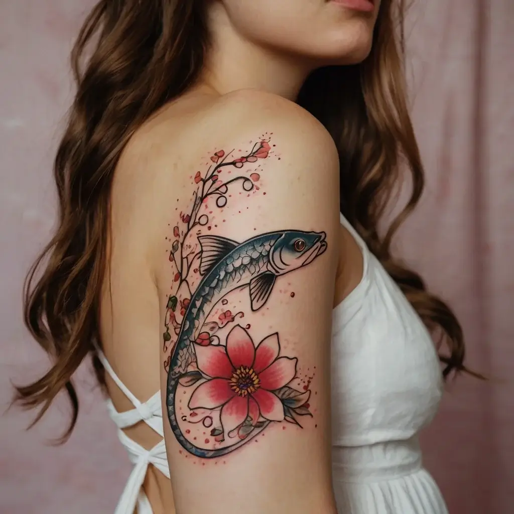 A vibrant tattoo of a koi fish encircling a cherry blossom and floral branches, symbolizing strength and beauty.