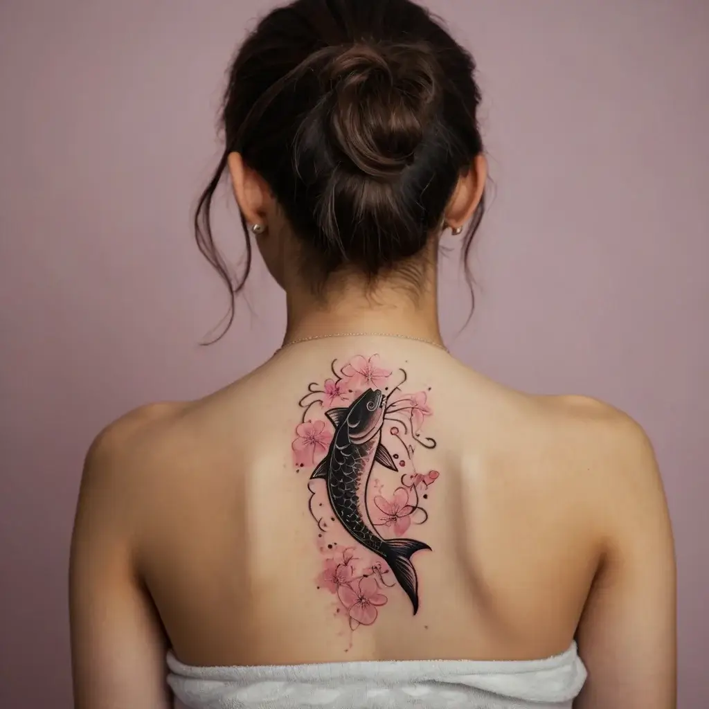 Tattoo of a black koi fish surrounded by pink cherry blossoms on the back, symbolizing perseverance and beauty.