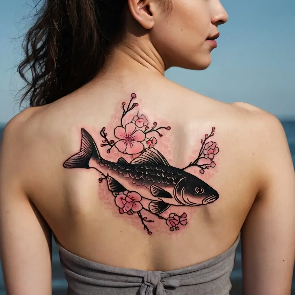 A black koi fish tattoo with cherry blossoms, symbolizing strength and transformation, elegantly adorns the upper back.