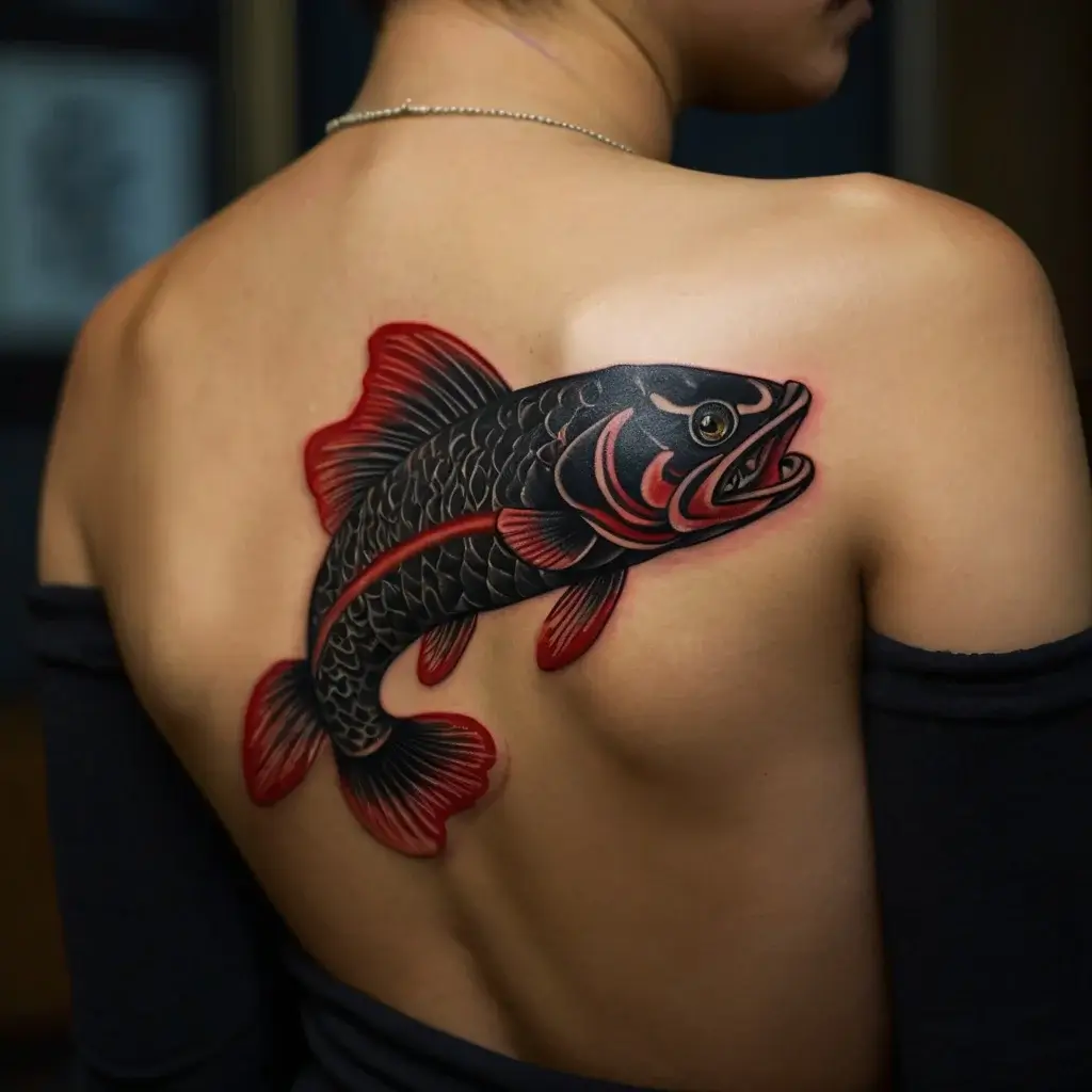 Tattoo of a black fish with red accents on its fins and body, placed on the upper back and shoulder.