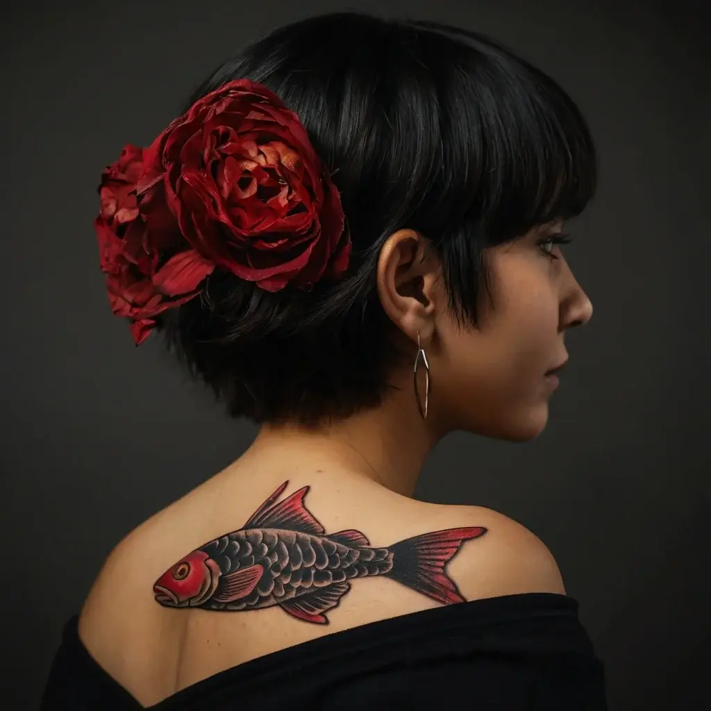 Tattoo of a black and red koi fish on a shoulder, symbolizing strength and perseverance, artfully detailed in traditional style.