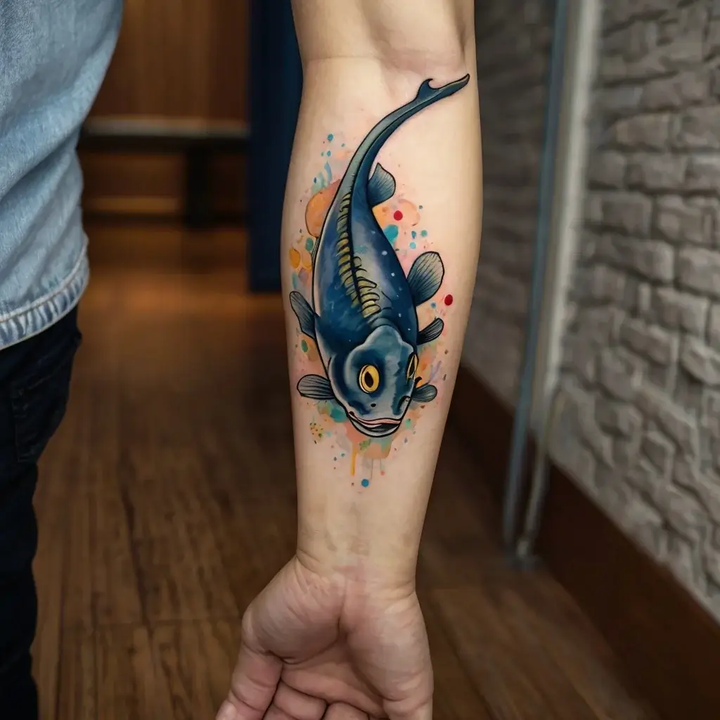 Vibrant koi fish tattoo with bold black outlines and colorful watercolor splashes on the forearm.