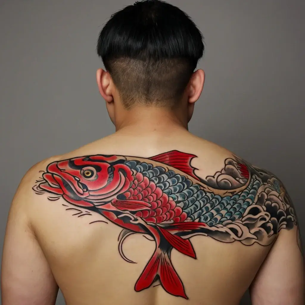 Bold koi fish tattoo in red and blue on man's back, swimming through stylized water and clouds in Japanese style.