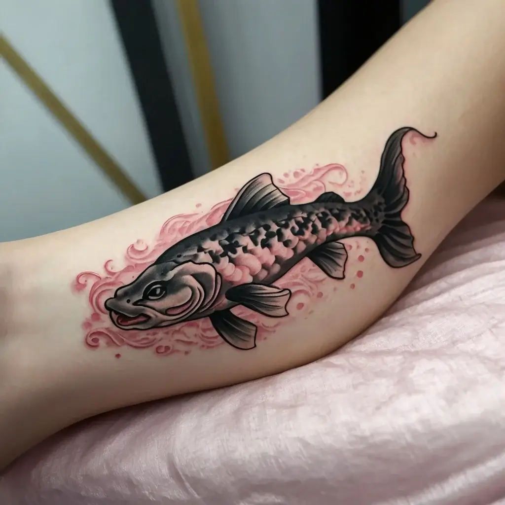 Tattoo of a black and pink koi fish with decorative swirls, symbolizing perseverance and strength, on a person's arm.