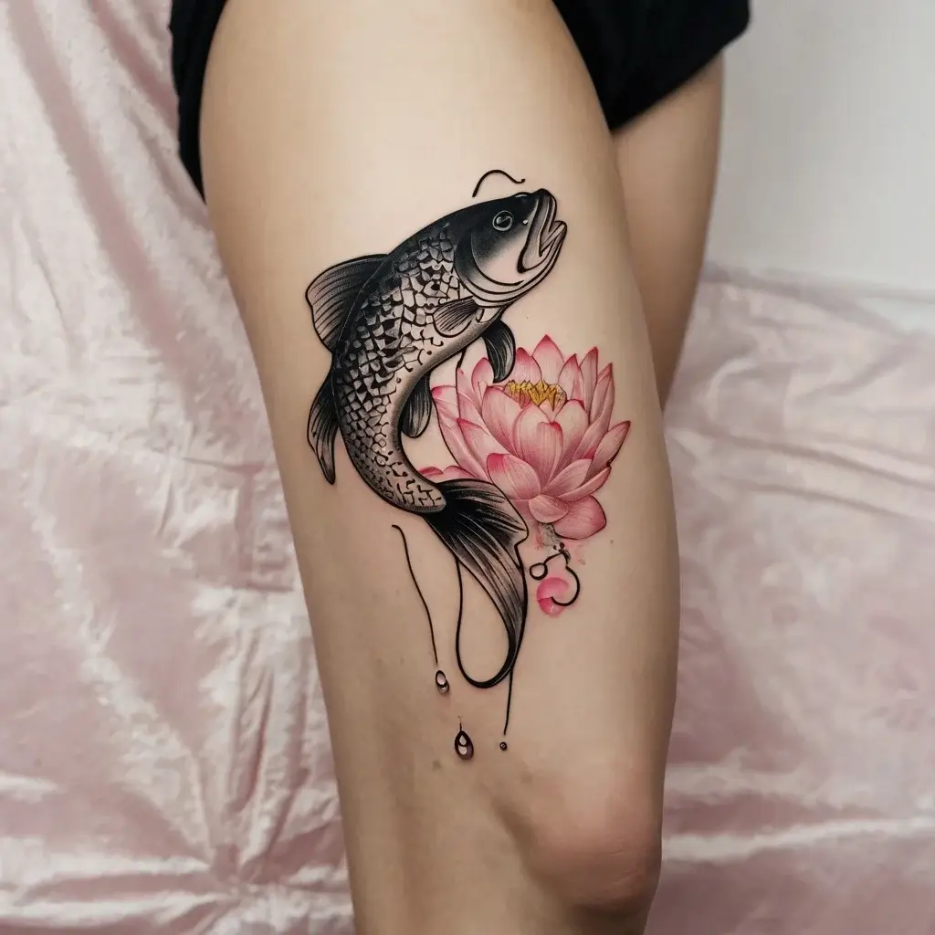 Tattoo of a detailed koi fish with a pink lotus, symbolizing strength and beauty, flows elegantly on the thigh.