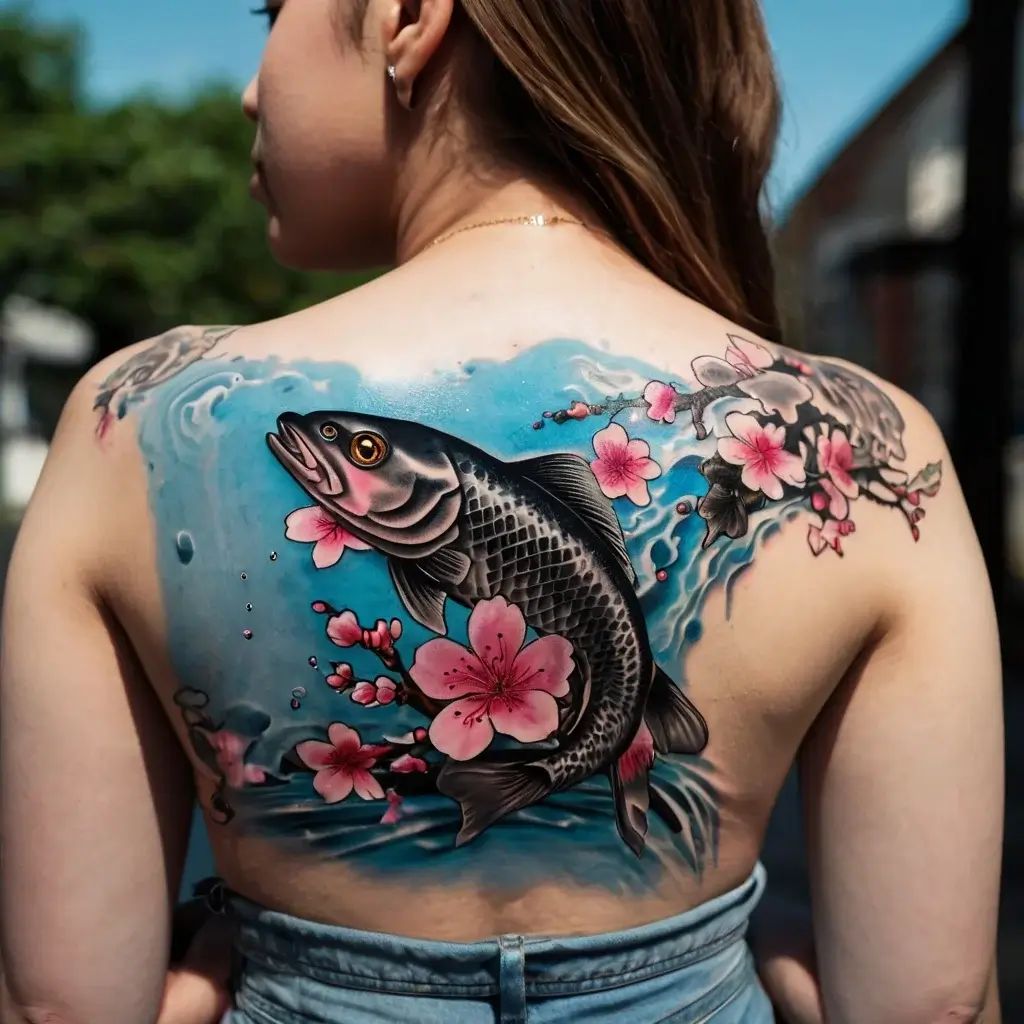 Back tattoo of a koi fish intertwined with vibrant pink cherry blossoms against a swirling blue water background.