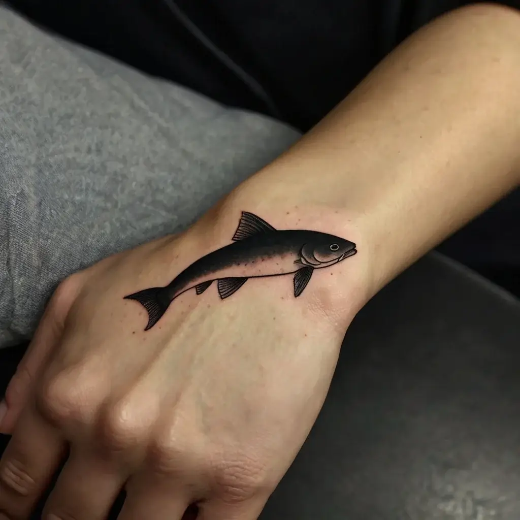 Minimalist black and gray fish tattoo on hand, showcasing fine linework and subtle shading for a realistic effect.