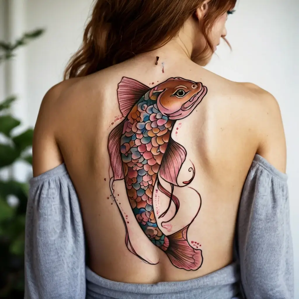 Colorful koi fish tattoo on the back, with vibrant scales and flowing fins, symbolizing perseverance and strength.