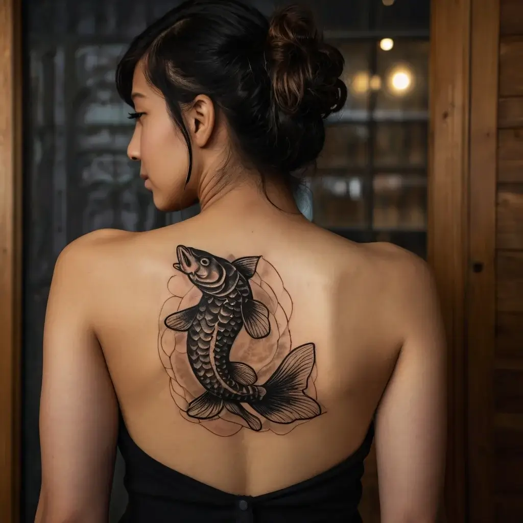 Back tattoo of a koi fish, intricately detailed and shaded, symbolizing resilience and strength against a soft, wavy background.