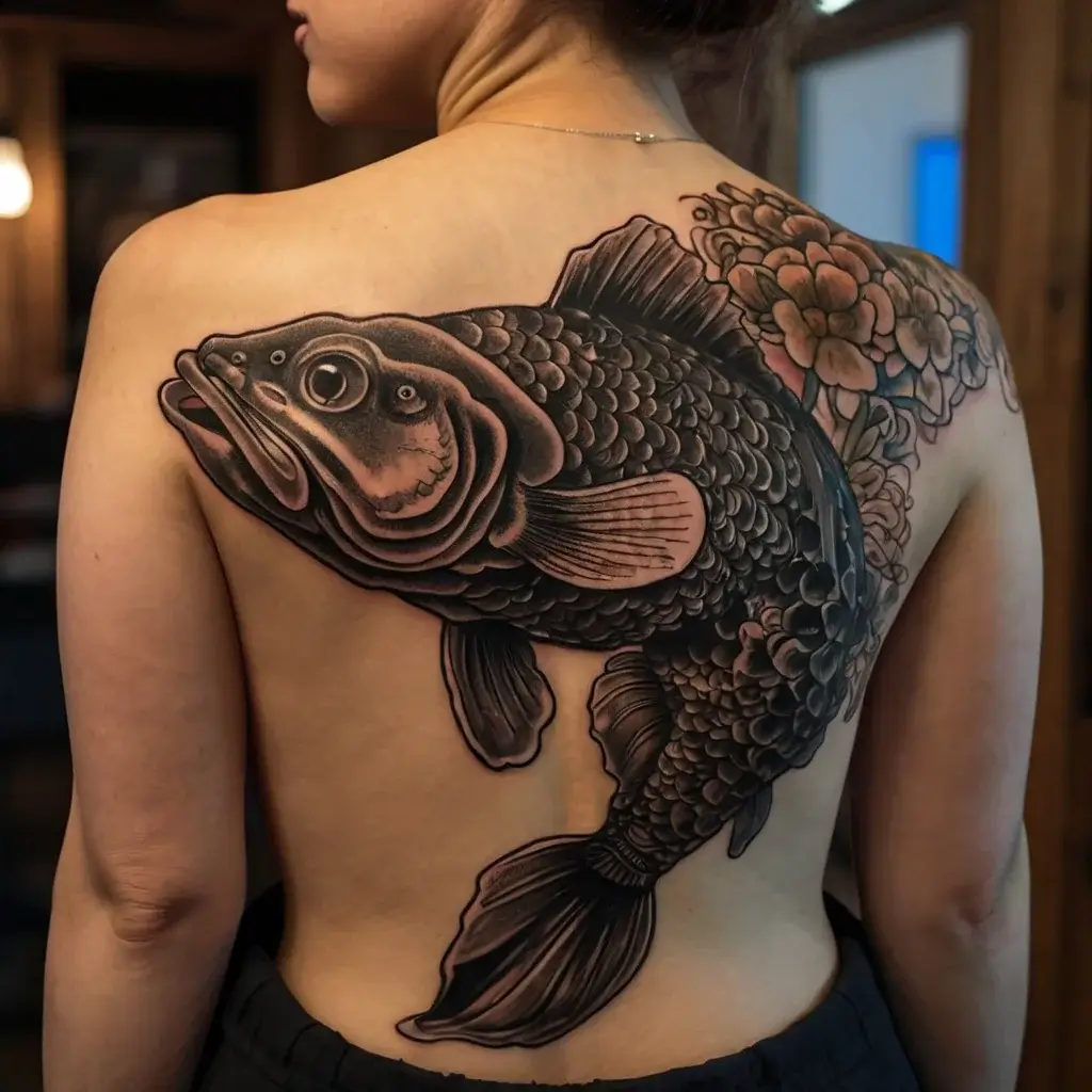 Large koi fish tattoo with detailed scales and fins on back, surrounded by blooming flowers, symbolizing strength and perseverance.