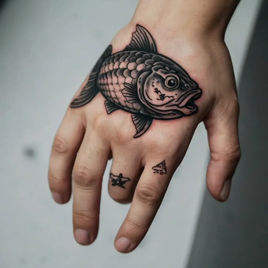 Black and gray koi fish tattoo on hand with detailed scales. Small star and paper plane near fingers add unique style.