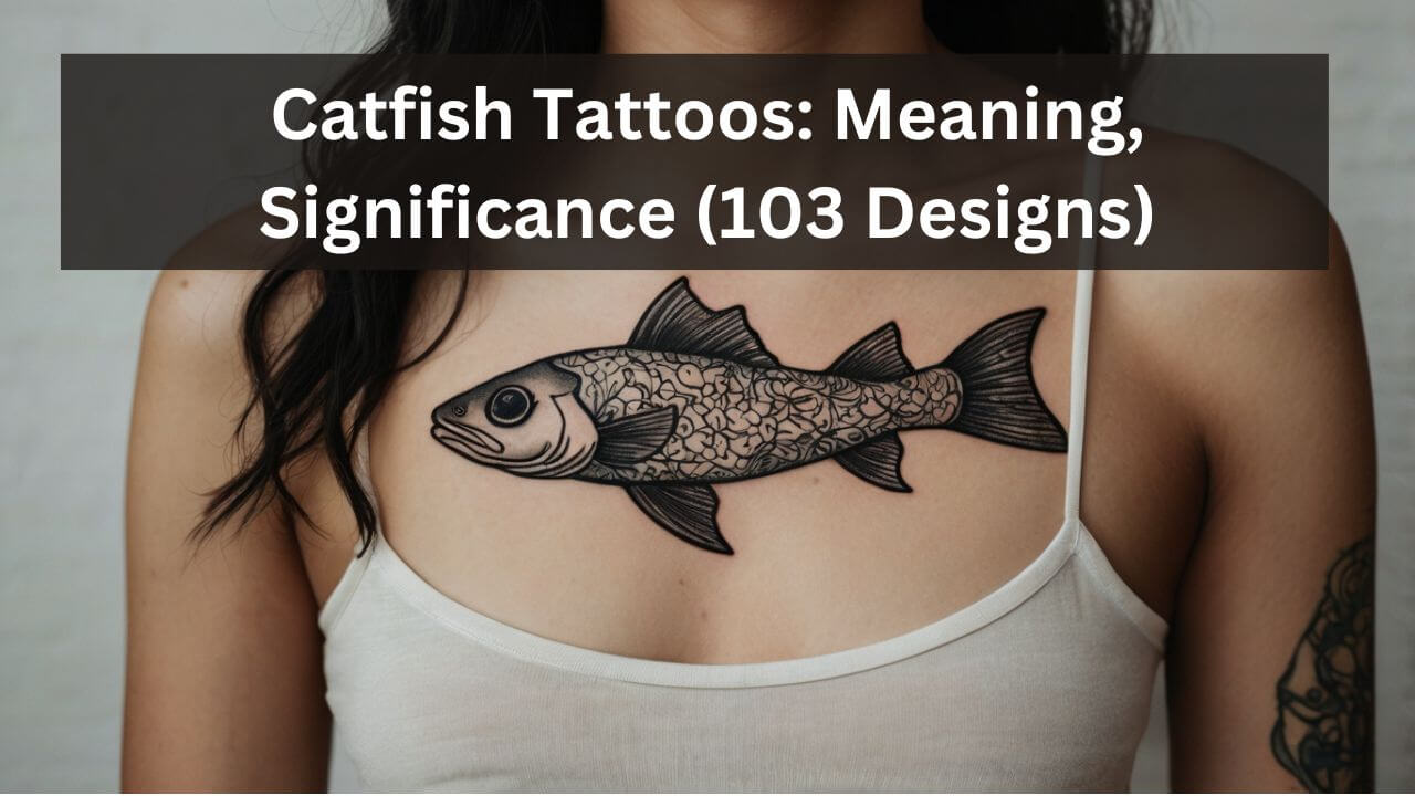 Tattoo of a detailed catfish on the chest, blending intricate patterns with bold outlines for a unique aquatic design.