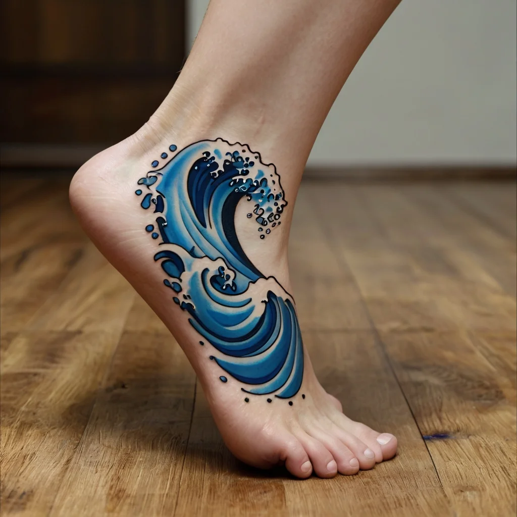 Tattoo of a stylized blue ocean wave on the side of a foot, capturing movement and energy with intricate details.