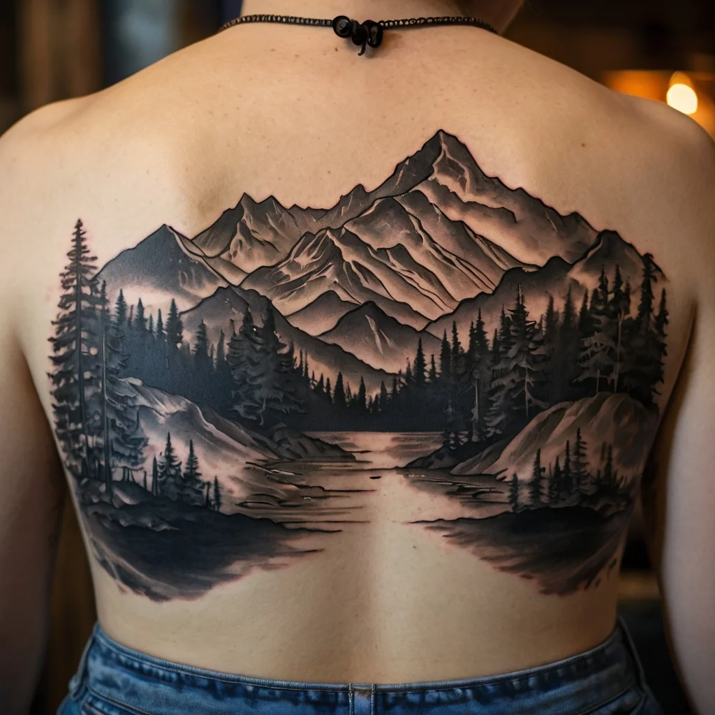 Tattoo of a serene mountain landscape with pine trees and a reflective lake, spanning the entire upper back.