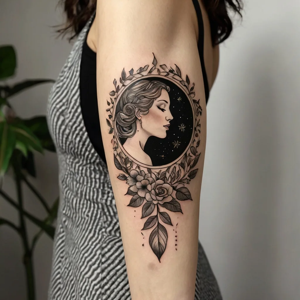 Elegant profile of a woman amid a starry night, framed by floral elements and leaves on the upper arm.