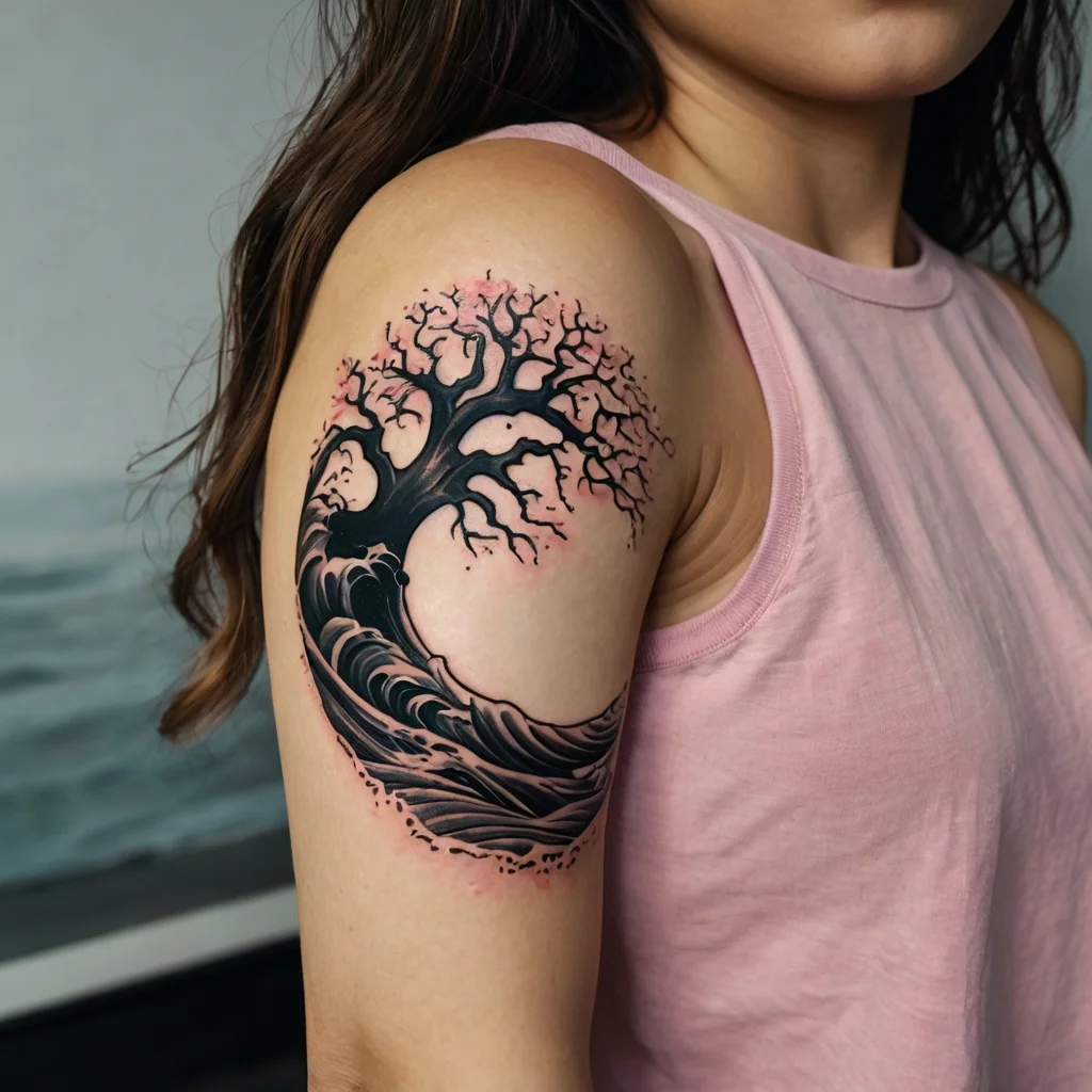 Tattoo of a black tree entwined with ocean waves, detailed branches and waves give a dynamic contrast on upper arm.