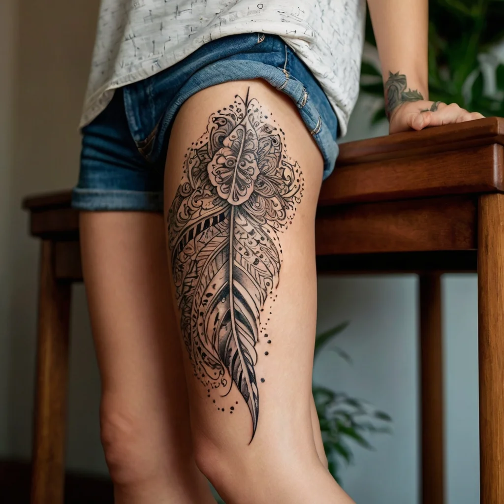 Intricate thigh tattoo of an ornate feather with swirling patterns and dot accents, highlighting both elegance and detail.