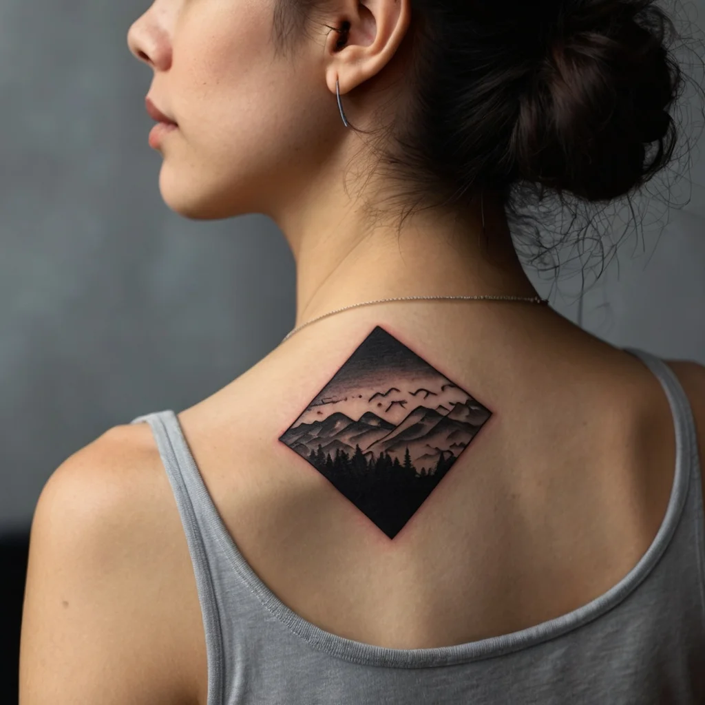 Geometric diamond tattoo featuring a serene mountain landscape with birds flying above a dense forest at twilight.