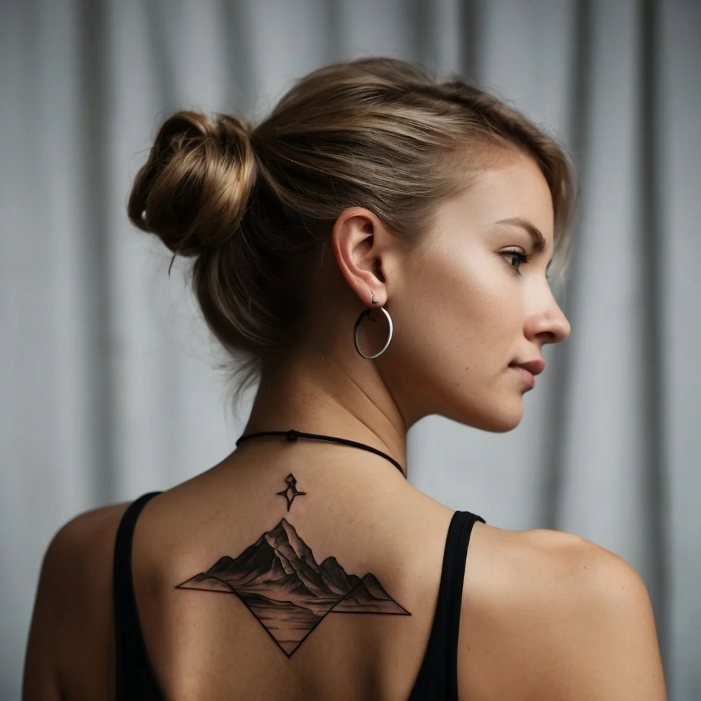 Minimalist mountain tattoo on upper back with a diamond symbol above, suggesting exploration and nature's journey.