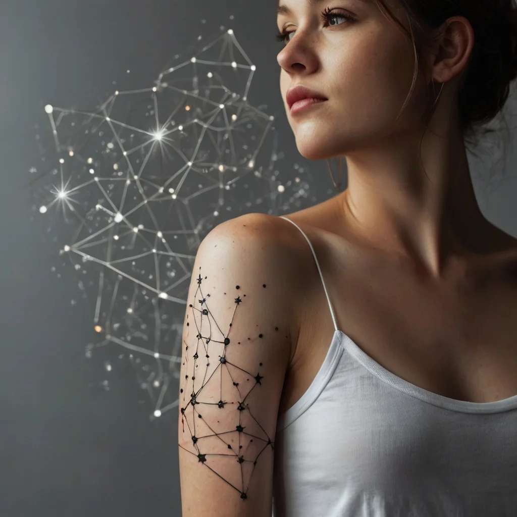 Tattoo of an abstract constellation design with stars and connecting lines on the upper arm and shoulder.