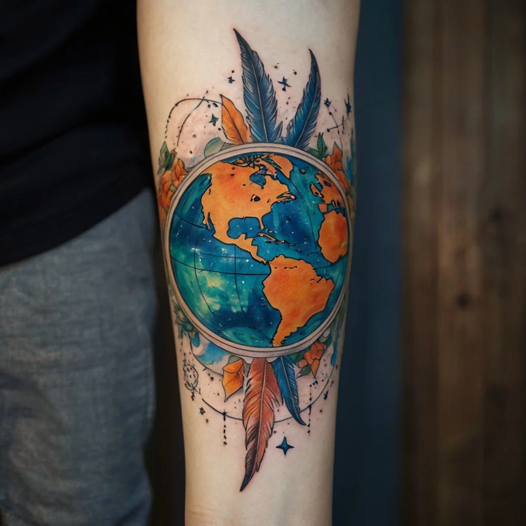 Colorful globe tattoo with blue and orange continents, surrounded by feathers and stars, symbolizing world travel and freedom.