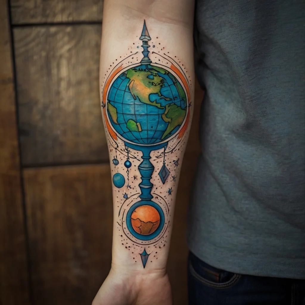 Tattoo of a globe in vibrant colors with a geometric design, featuring Earth and Mars connected by an ornate axis.