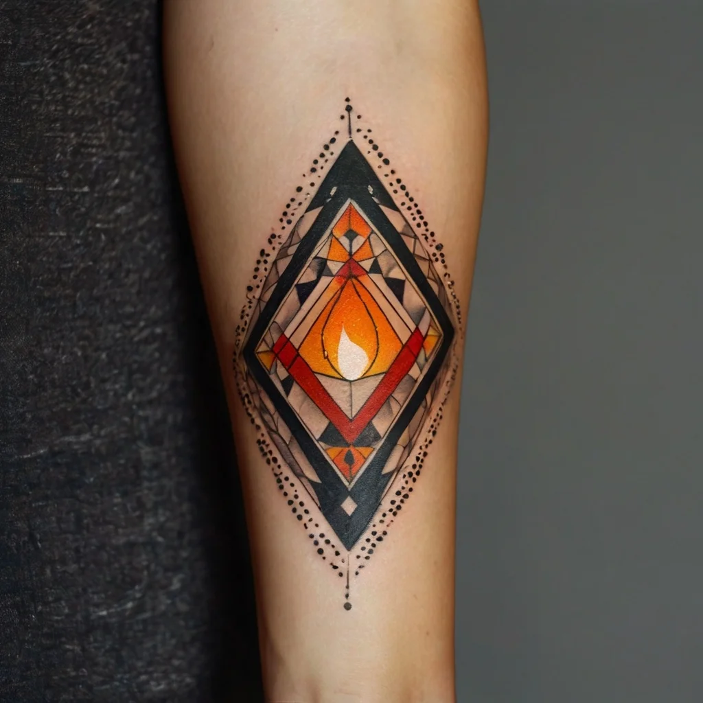 Geometric tattoo with a vibrant flame design in the center, framed by intricate patterns and dots in bold colors.