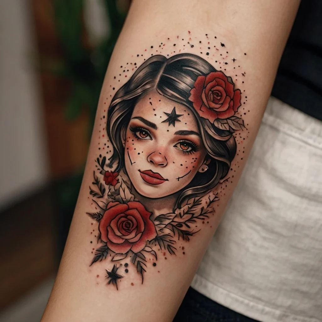 Tattoo of a woman's face with rosy cheeks, adorned by red roses, black stars, and intricate dot work framing the design.