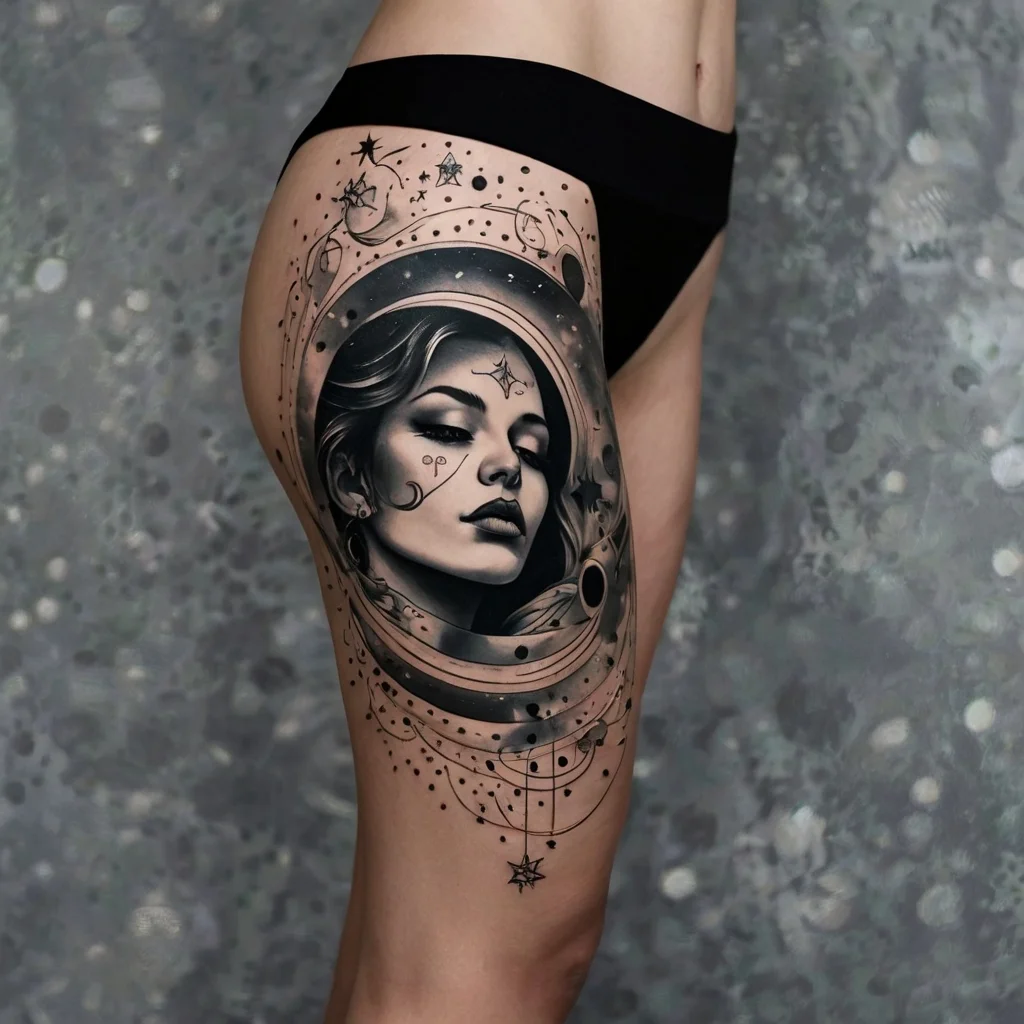 Realistic grayscale tattoo of a woman's face framed by cosmic elements and celestial symbols on the thigh.