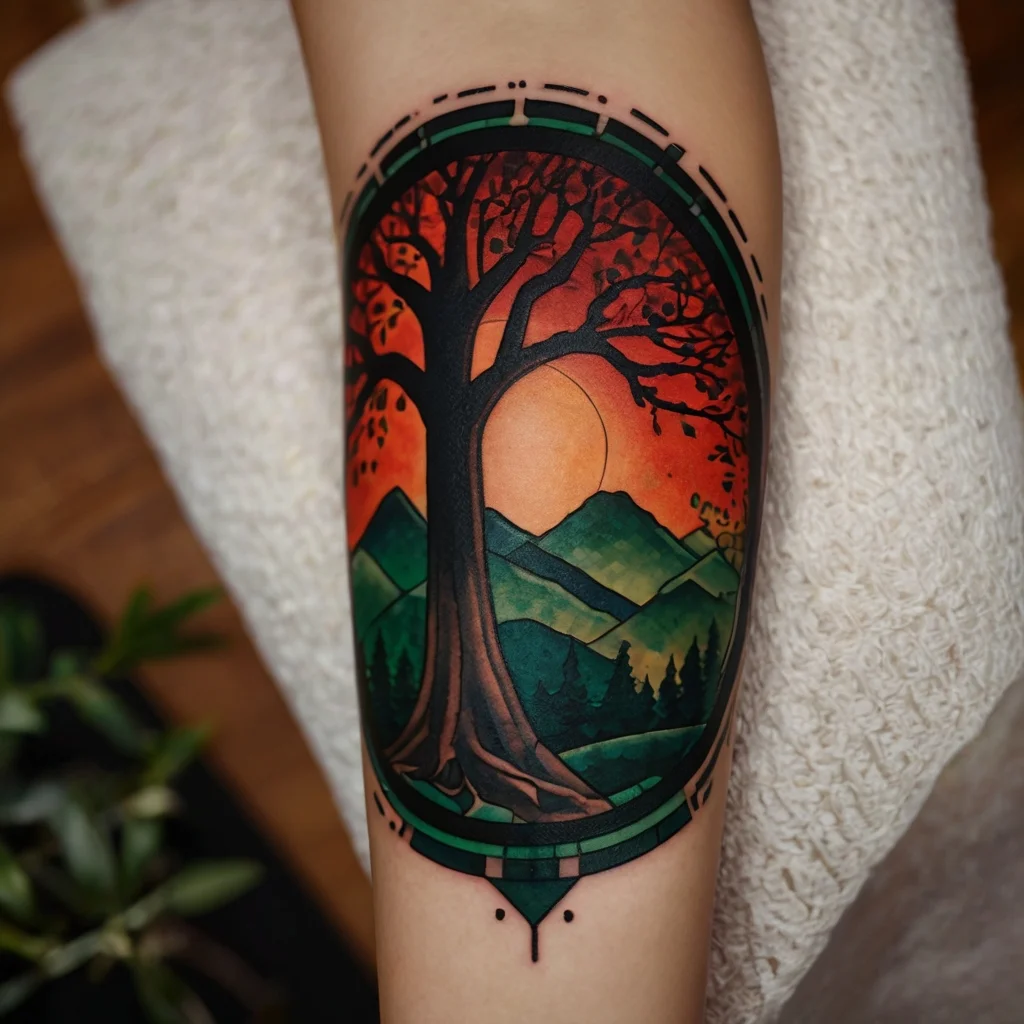 Tattoo of a large tree silhouetted against a sunset, with mountains and forests in vibrant colors, encased in an oval.