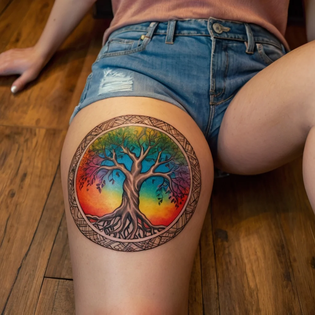 Vibrant tree of life tattoo with rainbow colors, enclosed in a Celtic knot circle, symbolizing interconnectedness and growth.