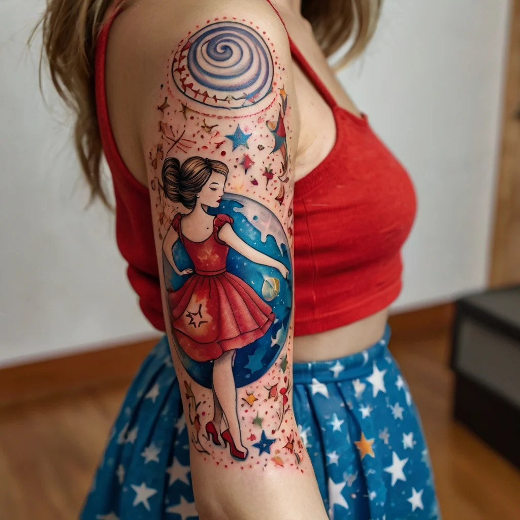 Colorful tattoo of a dancing girl in a red dress surrounded by stars and a spiral, blending whimsical and cosmic themes.