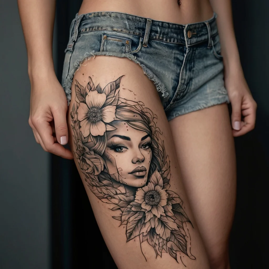 Thigh tattoo of a detailed woman's face surrounded by large blooming flowers and intricate leaves.