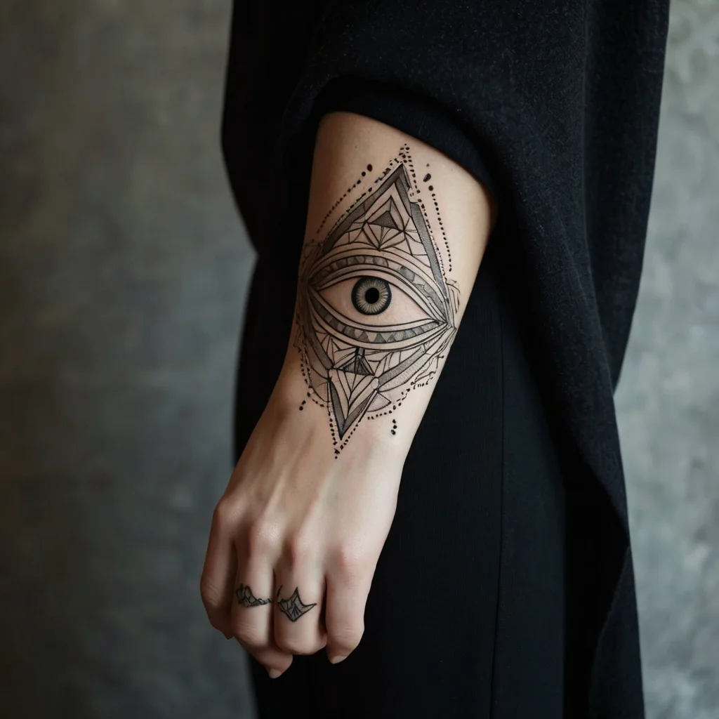 Geometric eye tattoo with intricate linework and dot detailing, enclosed within a triangular mandala pattern.