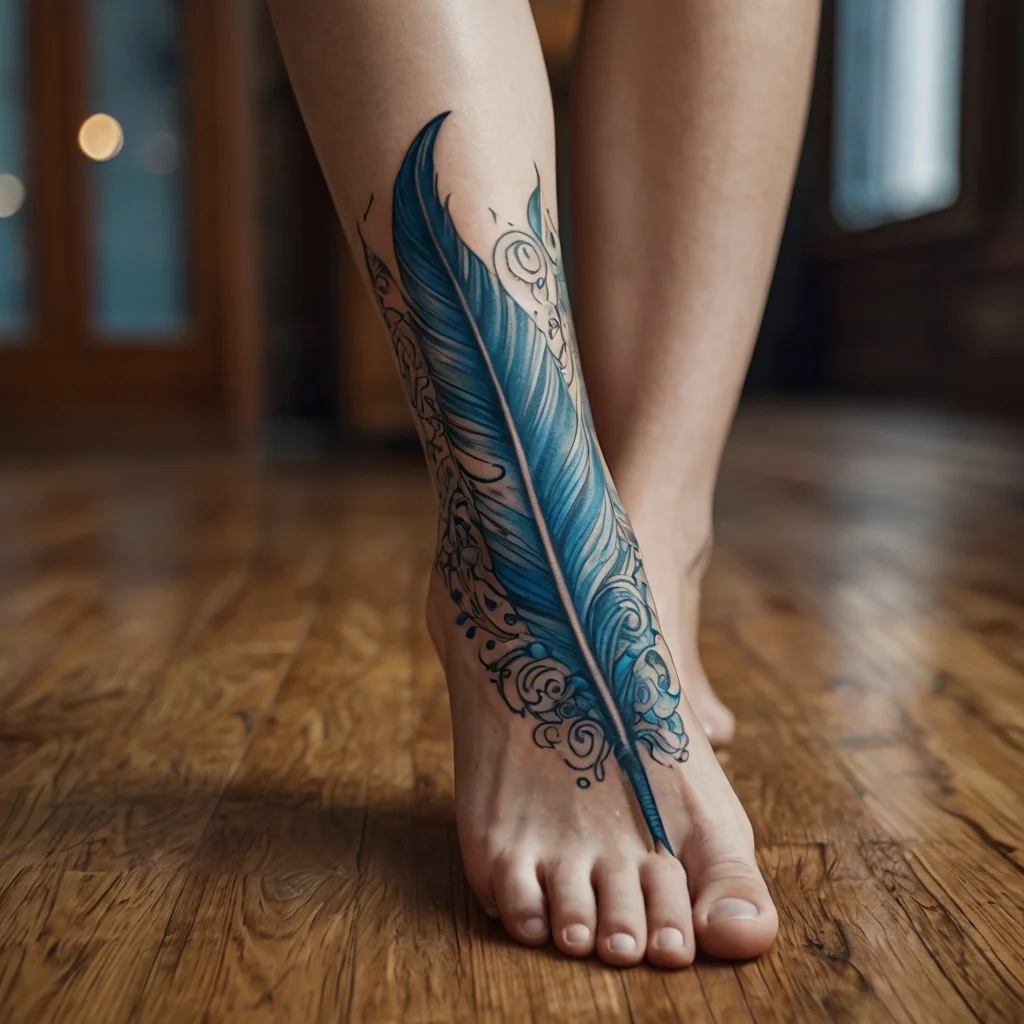 Blue feather tattoo wraps around the leg, accented with swirling patterns and dots, symbolizing freedom and creativity.