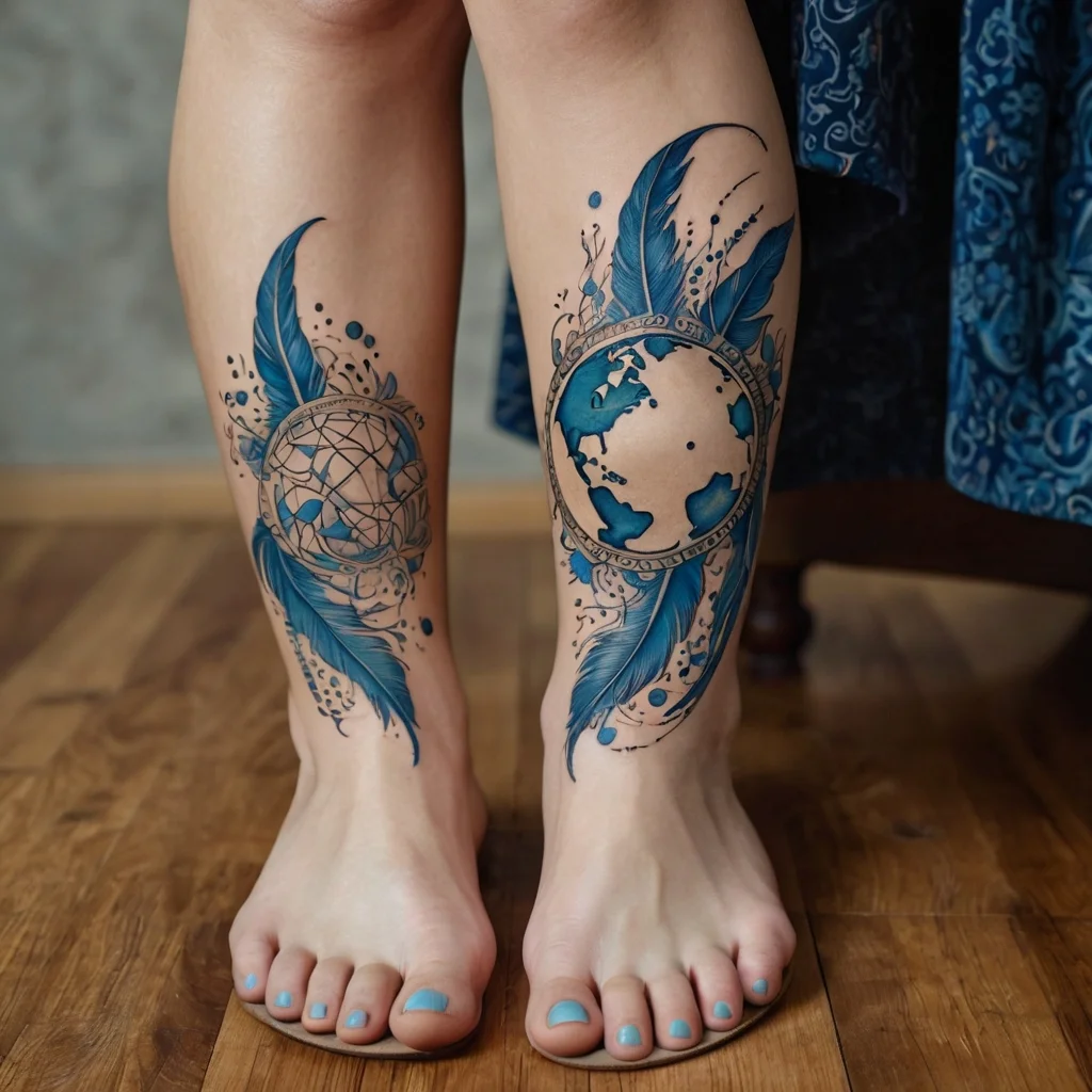 Two calf tattoos with blue feathers and abstract globe designs, accented by splatters and geometric patterns.