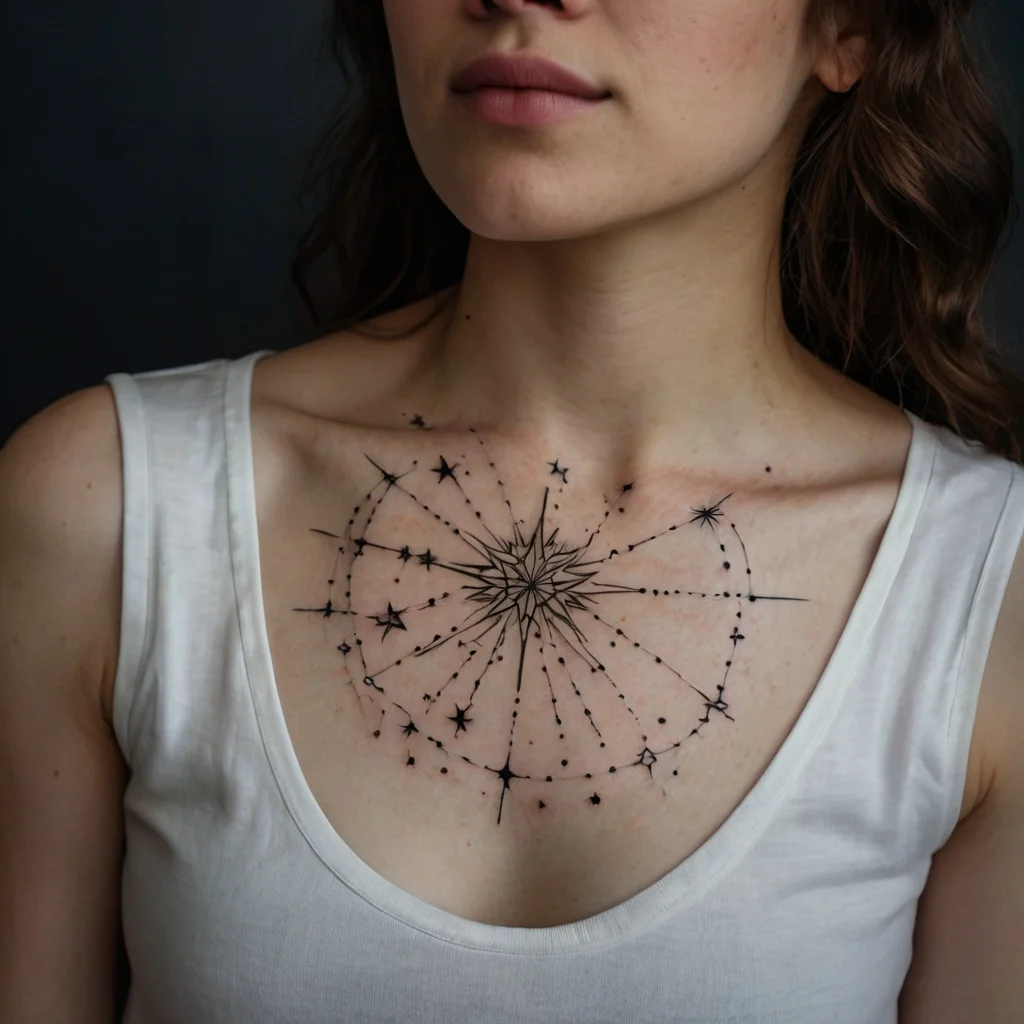 Geometric celestial tattoo on chest with a radiant star at the center, surrounded by smaller stars and dotted lines.