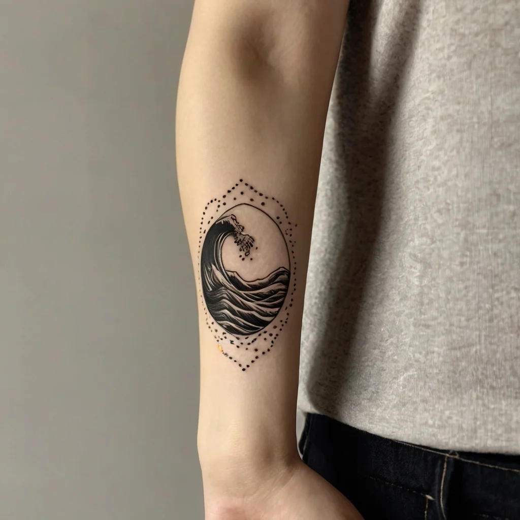 Wave tattoo encircled by dotted geometric frame on forearm, symbolizing fluidity and strength in monochrome ink.