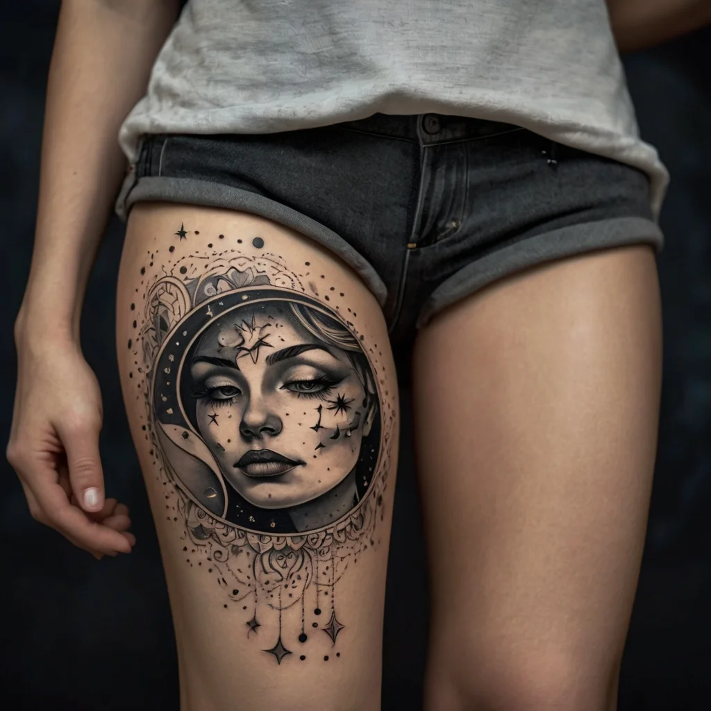 Thigh tattoo of an ethereal woman’s face inside a crescent moon, surrounded by stars and intricate lace patterns.