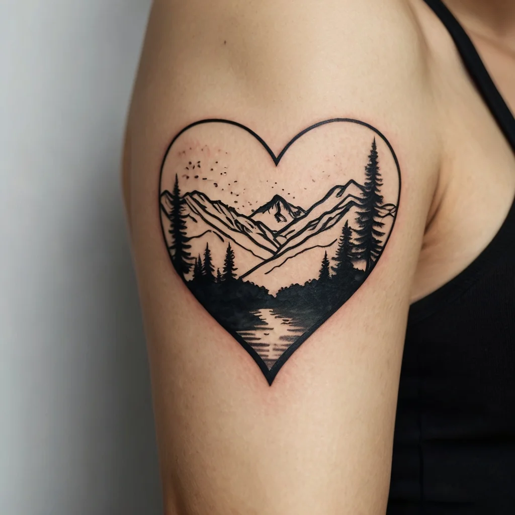 Heart-shaped tattoo of a mountain landscape with trees and a river, symbolizing nature and adventure.