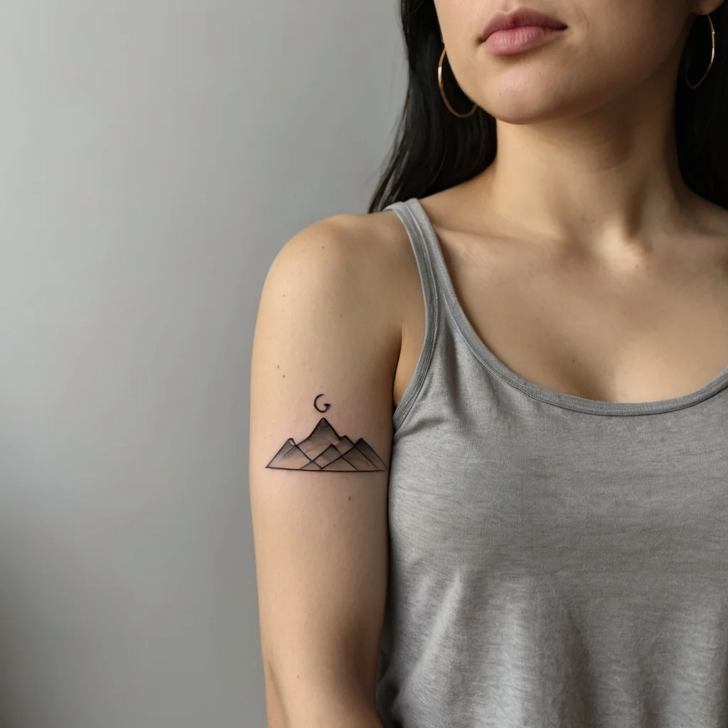 Minimalist mountain tattoo with overlapping peaks and a crescent moon above, symbolizing adventure and serenity.