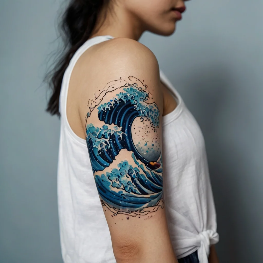 Tattoo of a stylized blue ocean wave on the upper arm, with dynamic lines and splashes, evoking movement and energy.