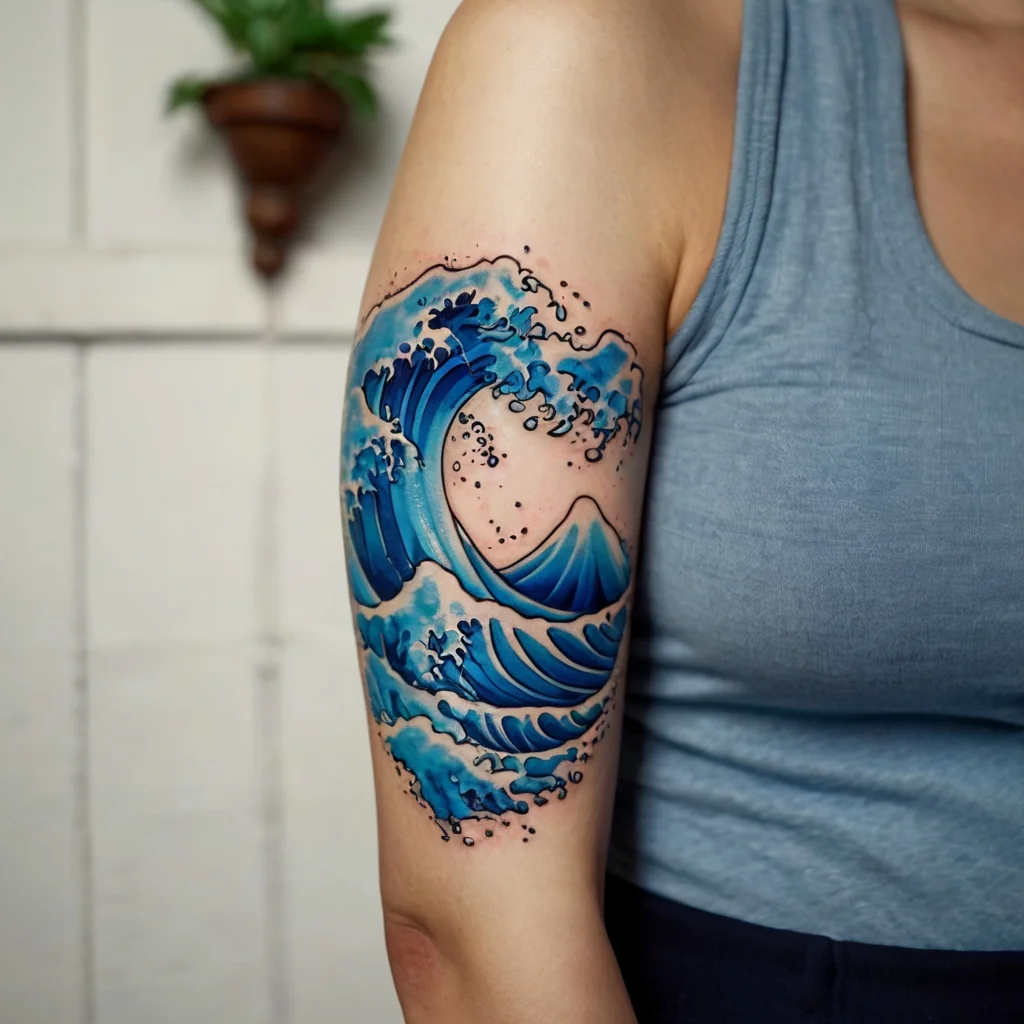 Tattoo of a stylized blue wave with Mount Fuji in the background, inspired by traditional Japanese art.