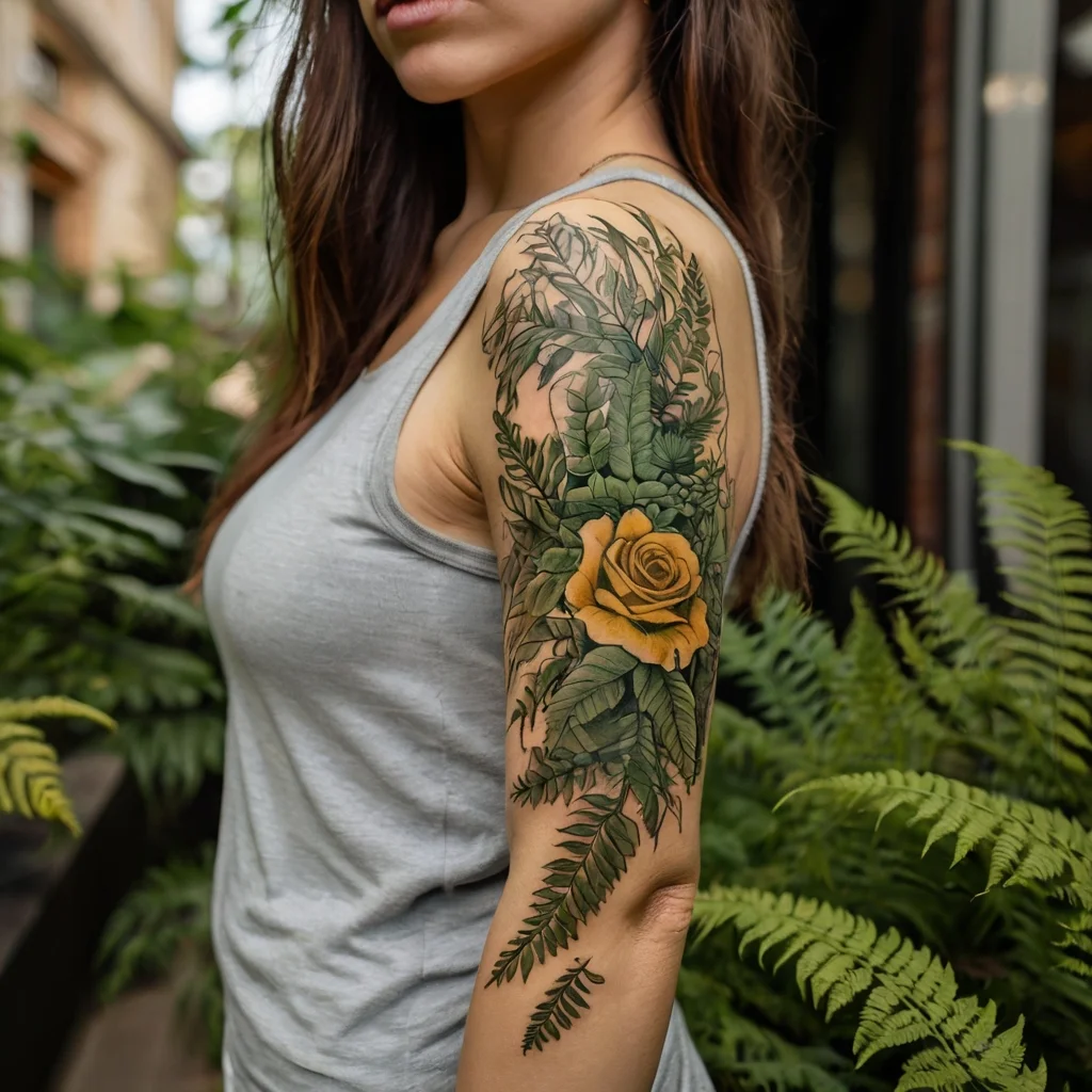 Tattoo of a vibrant yellow rose surrounded by detailed green ferns on the upper arm, symbolizing balance and growth.