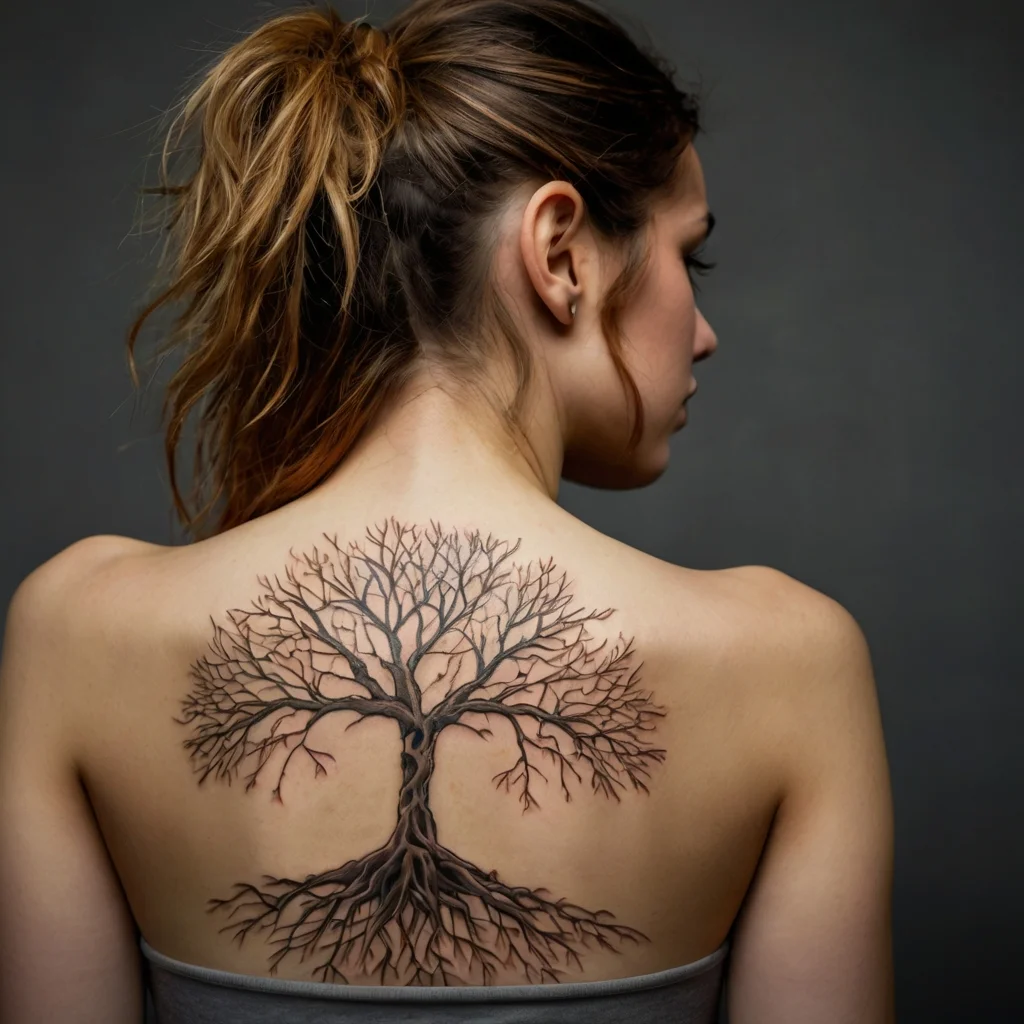 Detailed back tattoo of a leafless tree, symbolizing strength and connection, with sprawling branches and roots.