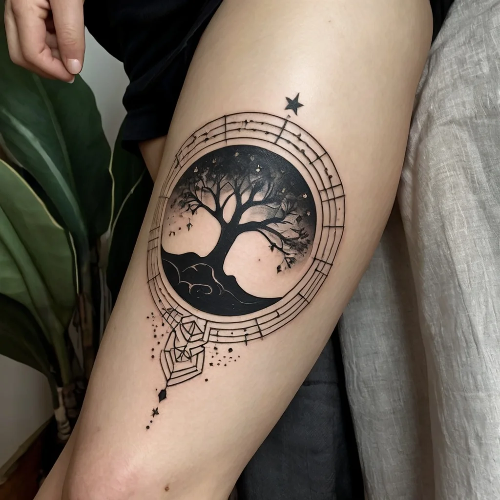 Tattoo of a tree within a circular frame of music notes, decorated with geometric shapes and a lone star above.