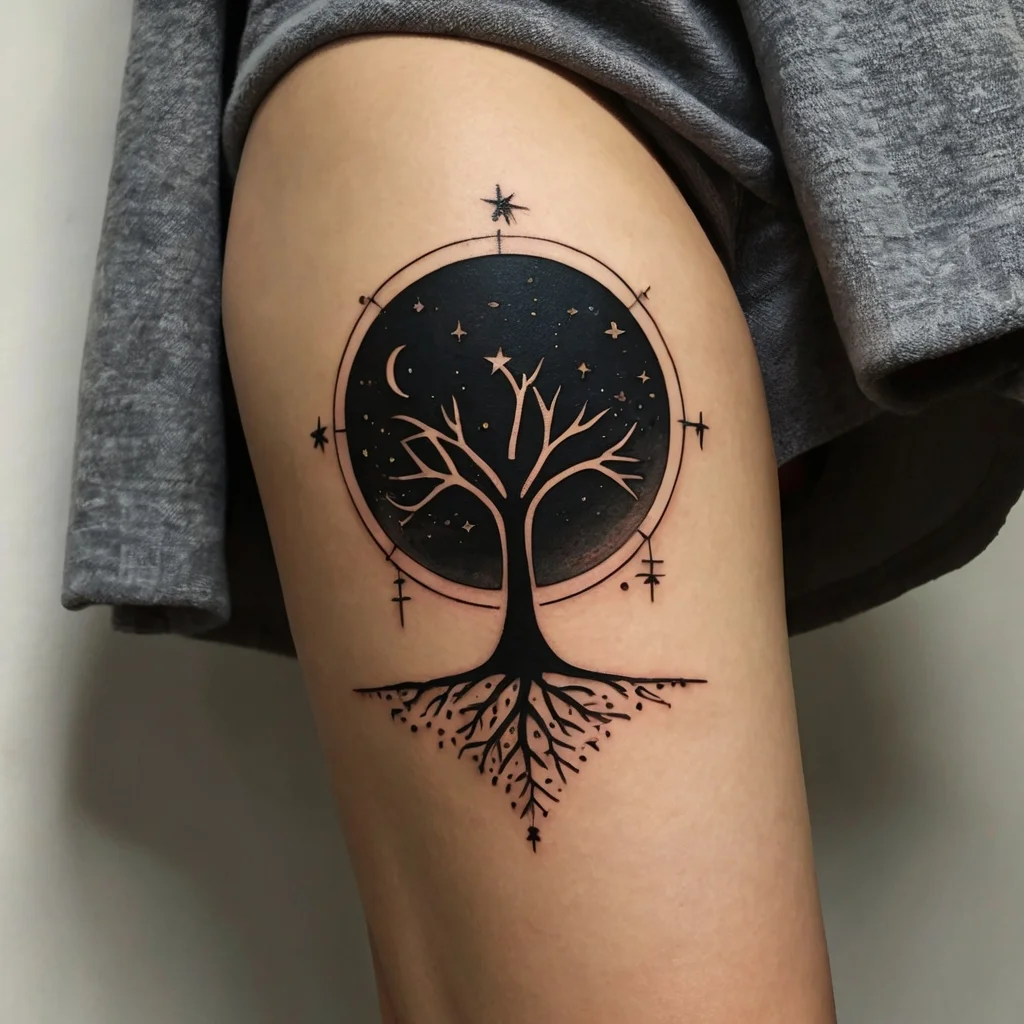 Tattoo of a tree with roots, set in a starry night circle, blending nature and cosmic elements.