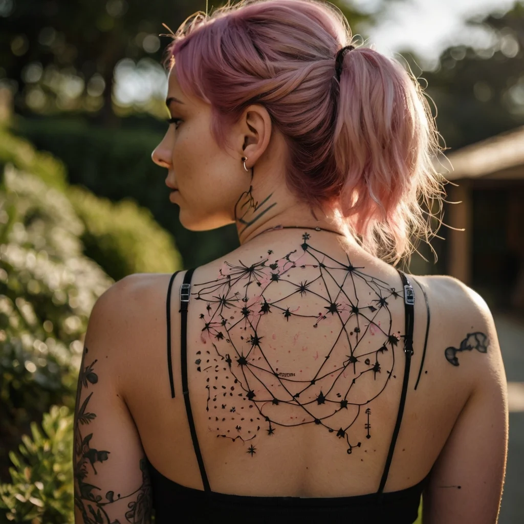 Abstract constellation tattoo with geometric lines, stars, and pink watercolor accents on upper back.